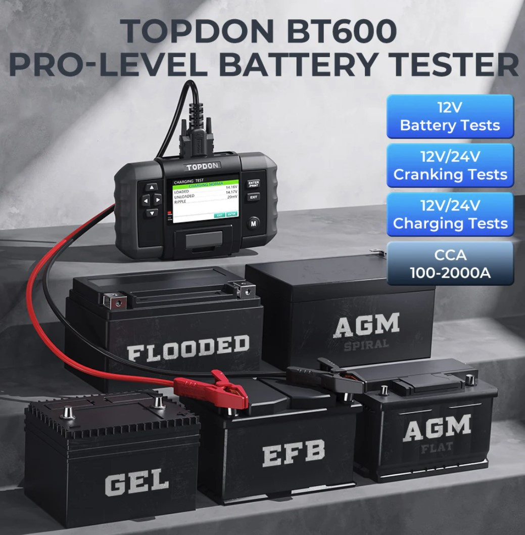 TOPDON BT600 12V , 12V/24V starttest och laddning av generatortest 100-2000CCA Digital batteritestare, 3,5” skärm med inbyggd skrivare 