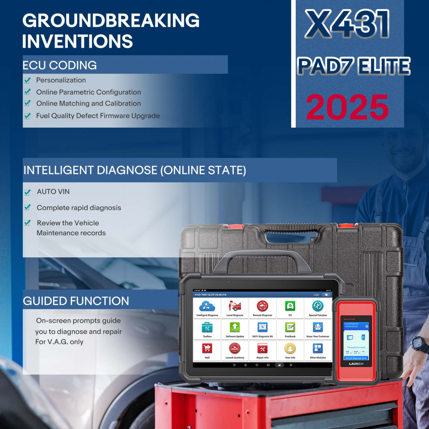 Launch X431 PAD VII Elite (PAD7), tvåvägs diagnostikskanner, J2534-programmering, intelligent topologikarta | 2 års licens
