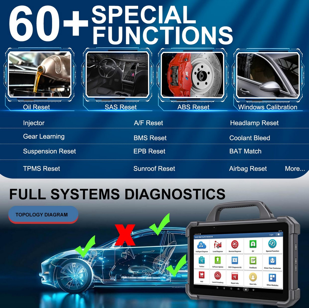 Launch X431 PAD VII Elite (PAD7), tvåvägs diagnostikskanner, J2534-programmering, intelligent topologikarta | 2 års licens