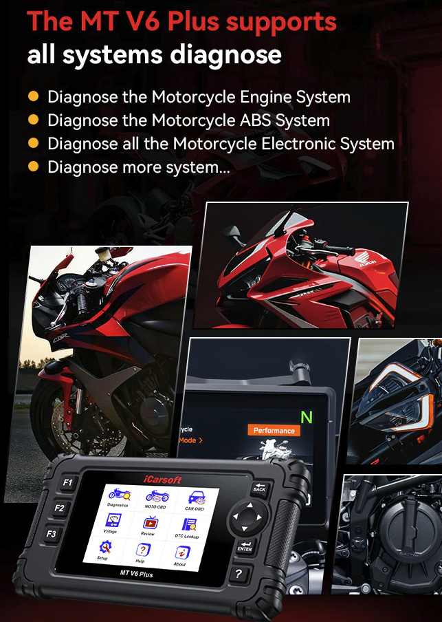 iCarsoft MT V6 Plus 21 märken felkodsläsare MC, ATV, scooter, moped, fyrhjuling 4.0 skärm inkl 16 kabeladaptrar | Diagnosverktyg