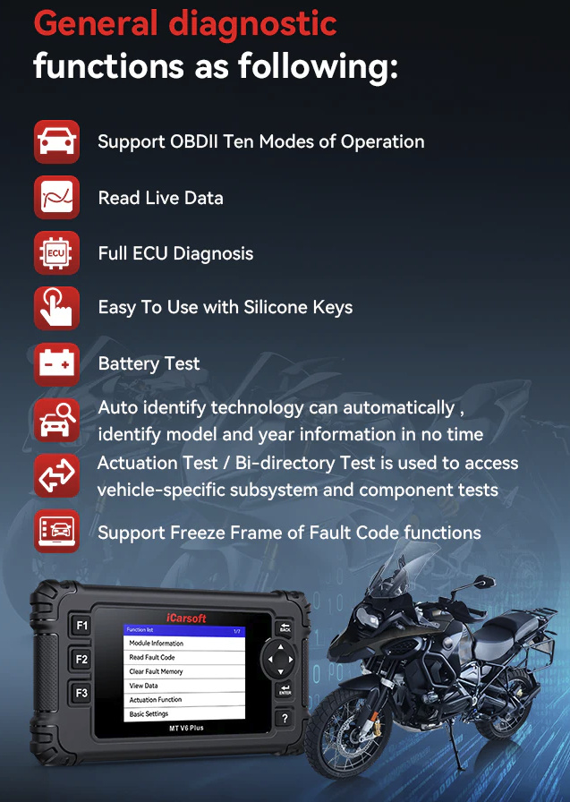 iCarsoft MT V6 Plus 21 märken felkodsläsare MC, ATV, scooter, moped, fyrhjuling 4.0 skärm inkl 16 kabeladaptrar | Diagnosverktyg