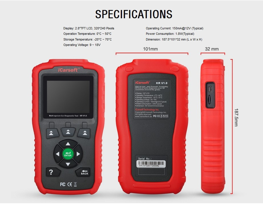 iCarsoft KR V1.0 Kia/Hyundai/Daewoo felkodsläsare OBD2 Bildiagnos