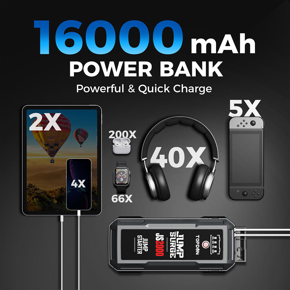 Topdon 2000A starthjälp bil hjälpstart booster jumpstarter 