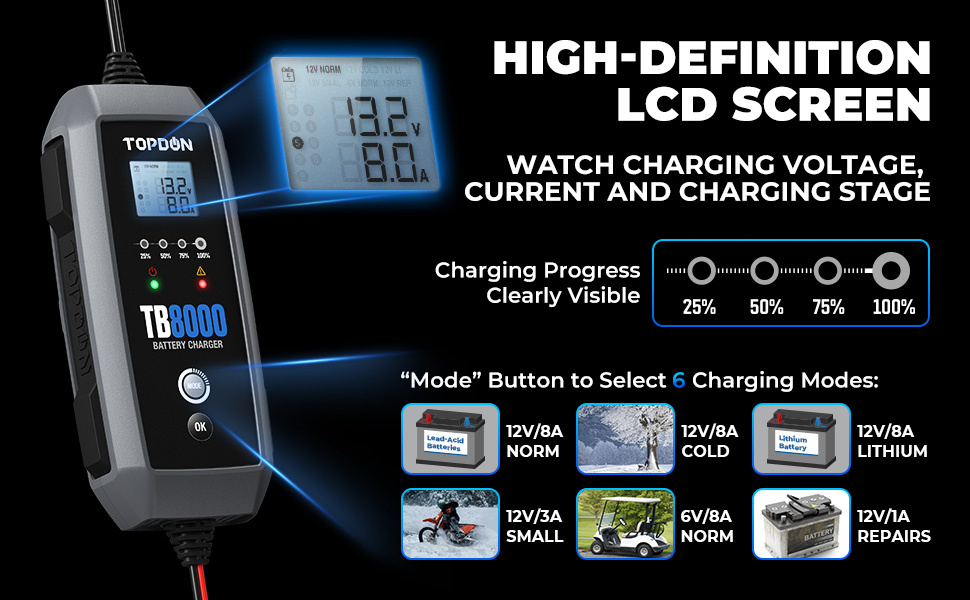 TOPDON TORNADO TB8000 8A/12V/6V bilbatteriladdare batteriladdare
