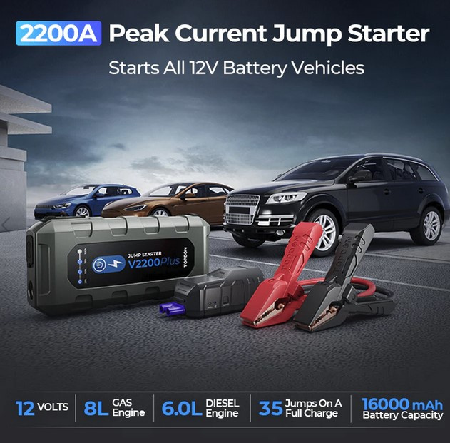 Topdon V2200PLUS 2200A starthjälp bil jumpstarter med batteritestare bluetooth