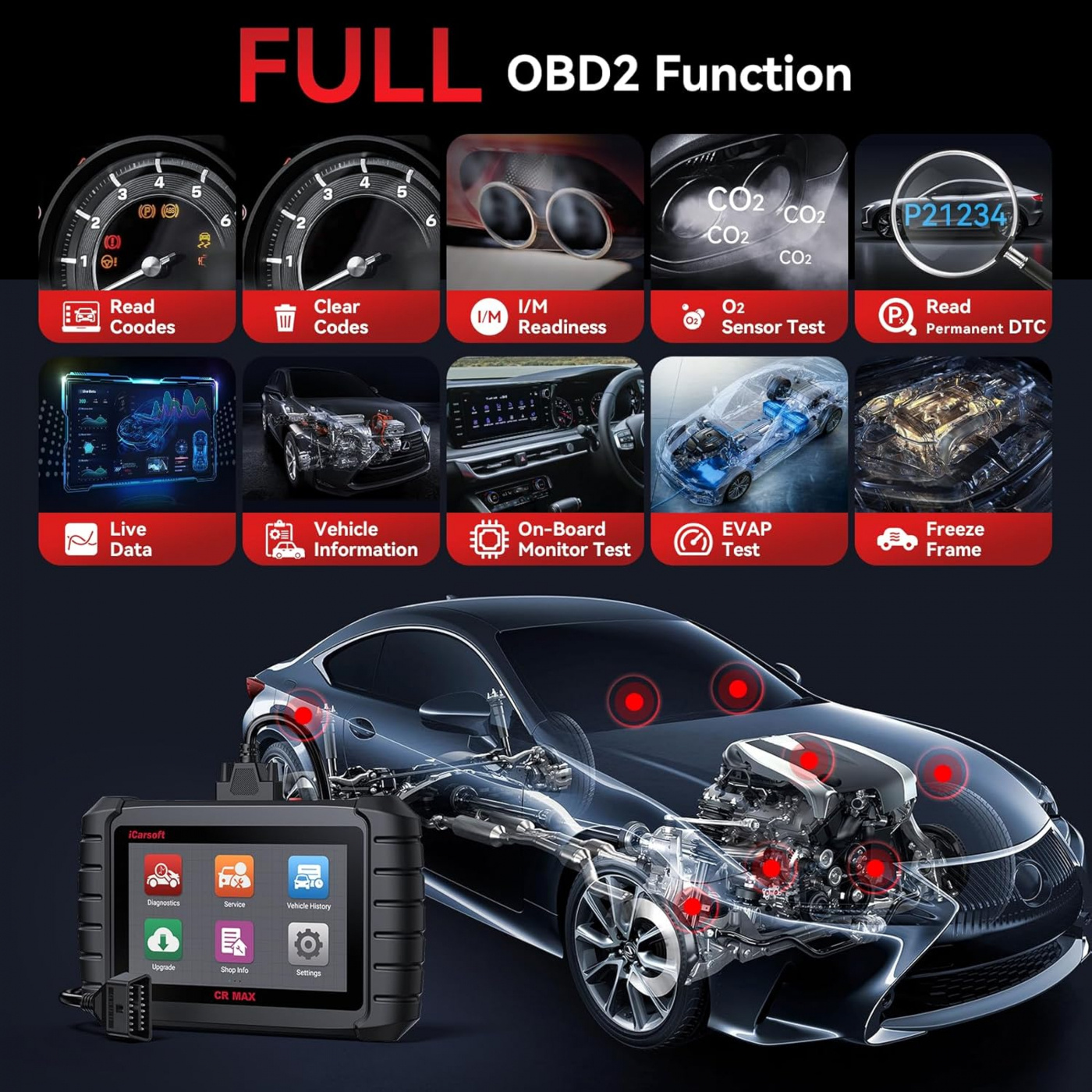 iCarsoft CR MAX 2025 OBD2 felkodsläsare diagnosverktyg alla bilmärken touchplatta