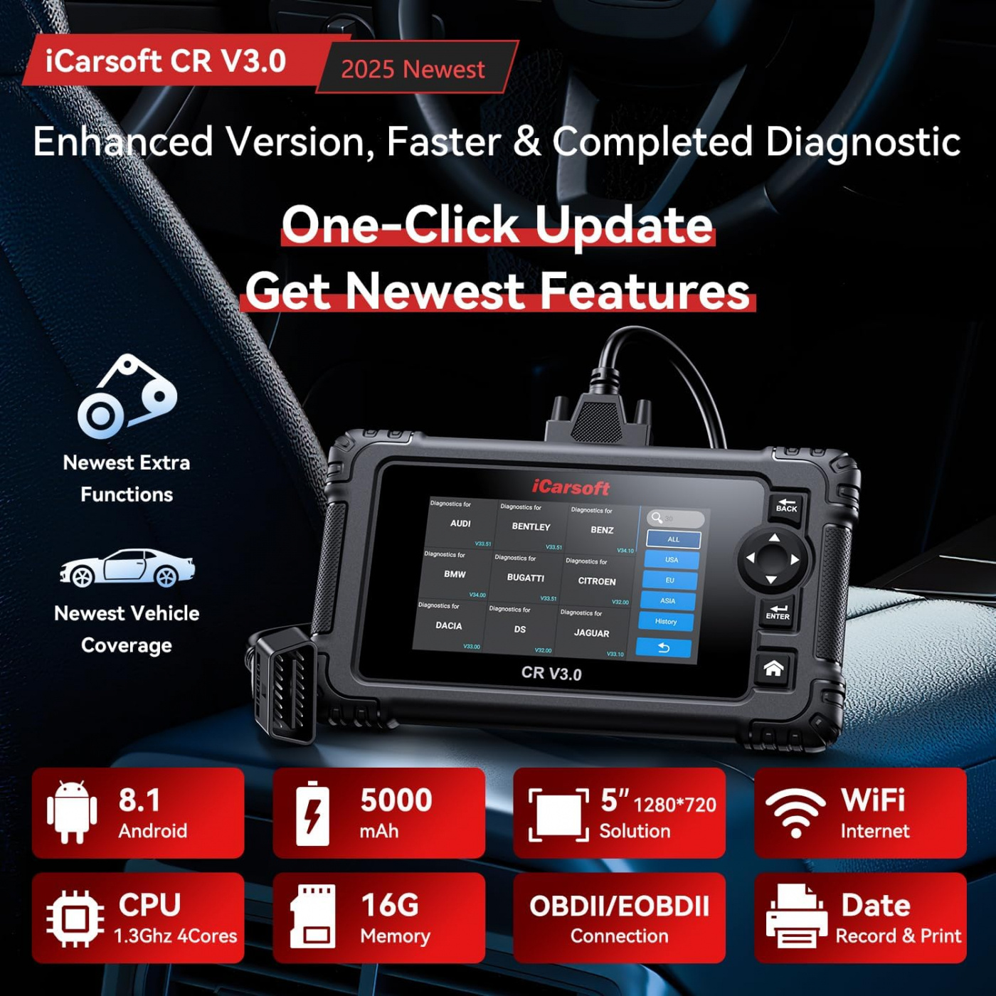 iCarsoft CR V3.0 2025 OBD2 felkodsläsare diagnosverktyg välj 5st bilmärken