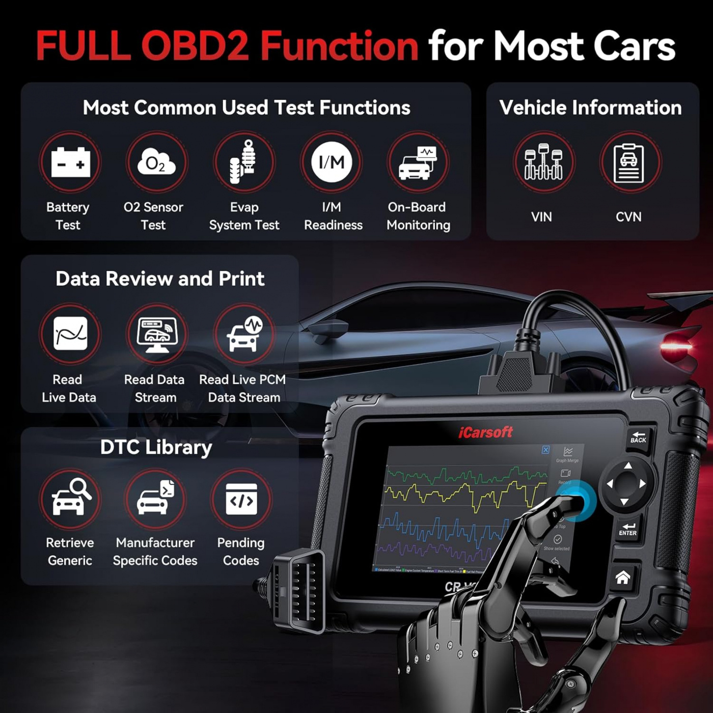 iCarsoft CR Genius 2025 diagnosverktyg OBD2 felskodsläsare