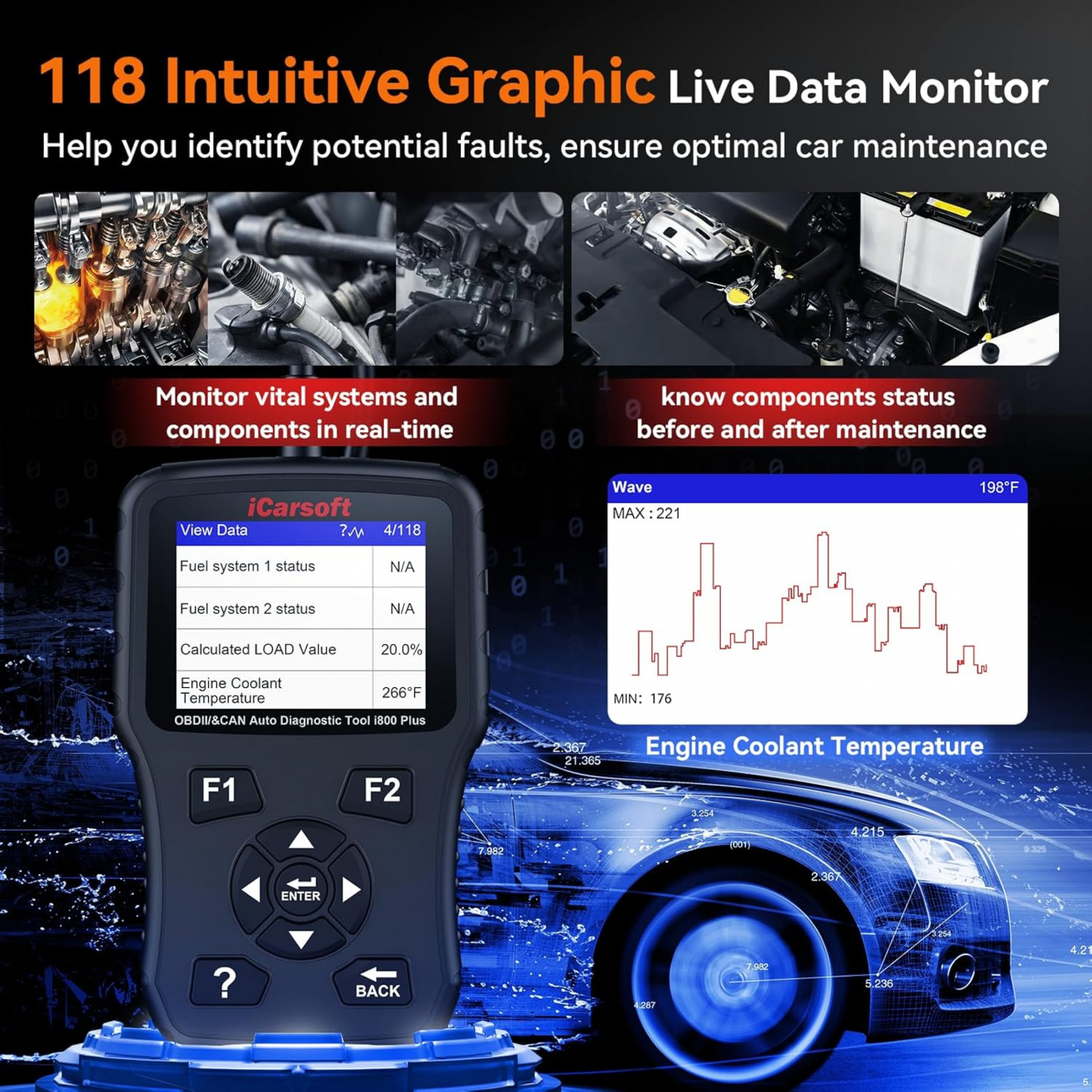 iCarsoft i800 Plus universal felkodsläsare scanner OBD2