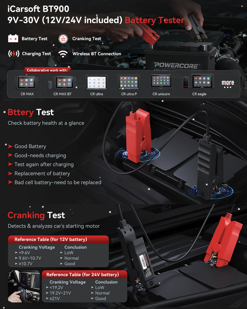 iCarsoft BT900 batteritestare för CR MAX | CR MAX BT | CR Eagle | CR Ultra P
