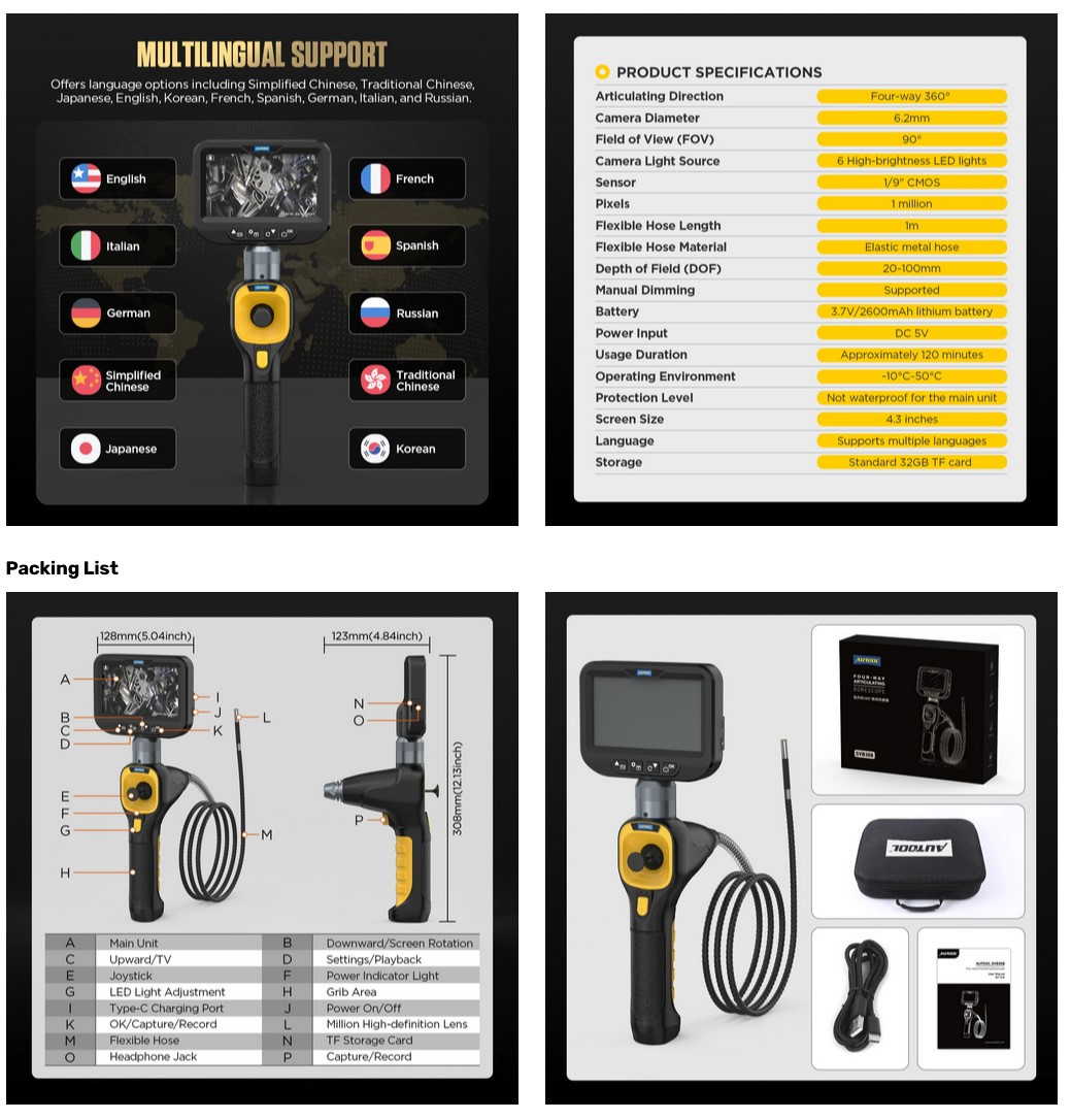 AUTOOL SVB308 inspektionskamera videosskop med joystick 360grader