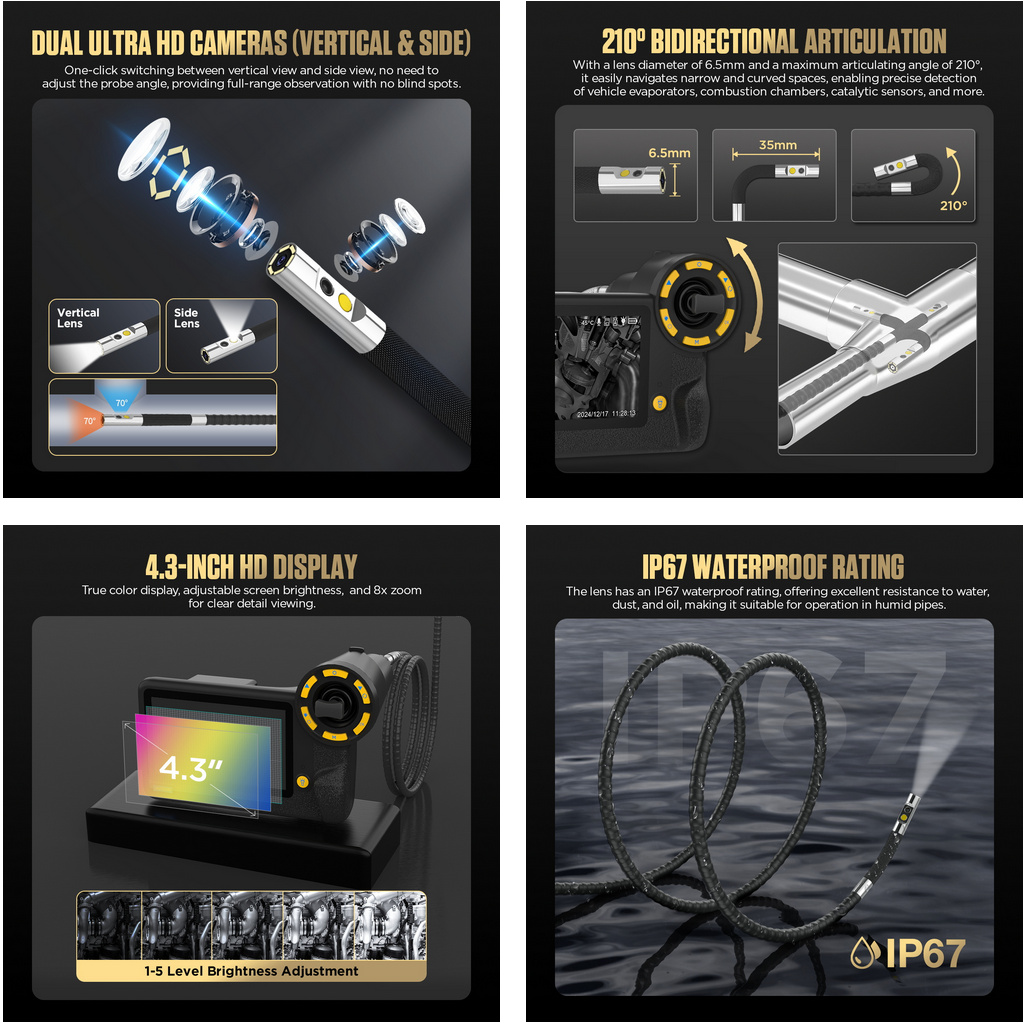 AUTOOL SVB403 inspektionskamera, videoscope, endoskop tvåvägs 210 graders rörlighet