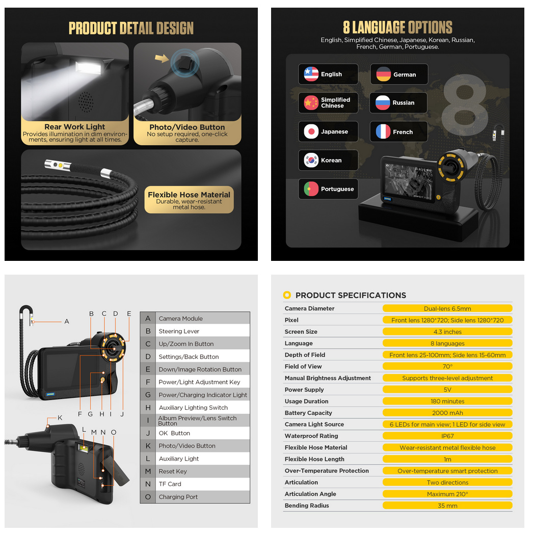 AUTOOL SVB403 inspektionskamera, videoscope, endoskop tvåvägs 210 graders rörlighet