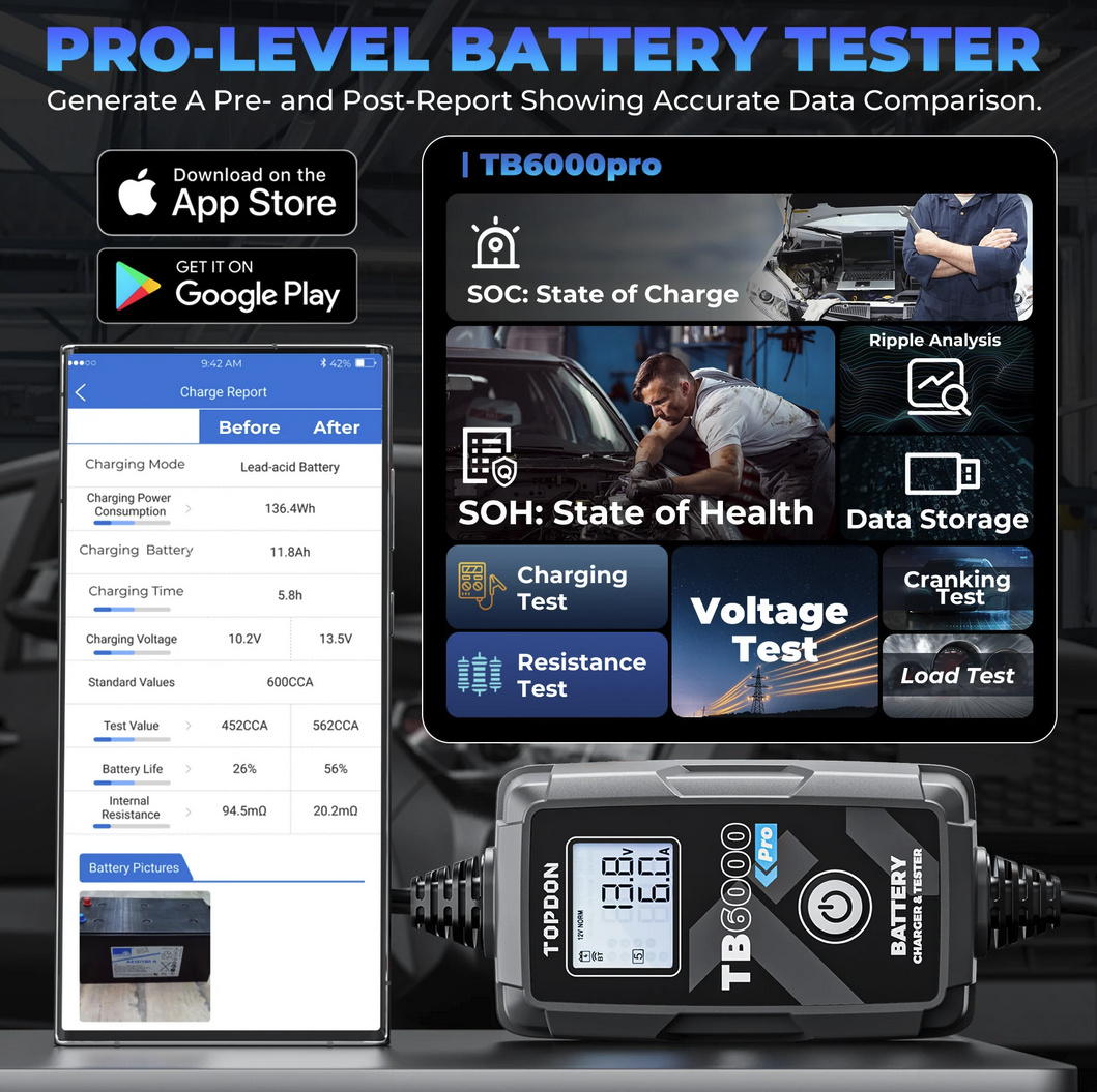 Topdon TB6000Pro Batteriladdare & Batteritestare 6A/12V/6V FYNDVARA Öppnad förpackning