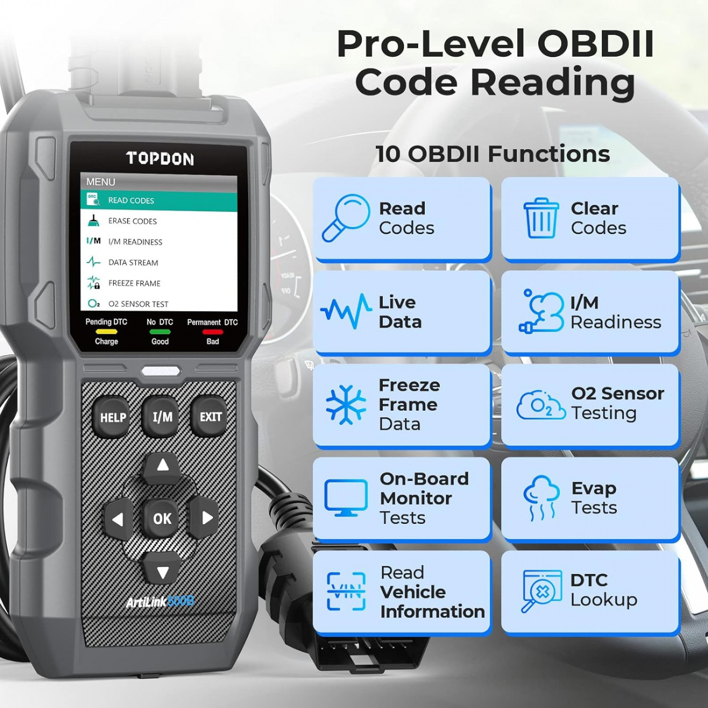 TOPDON ArtiLink500B OBD2 felkodsläsare | Inbyggd batteritestare