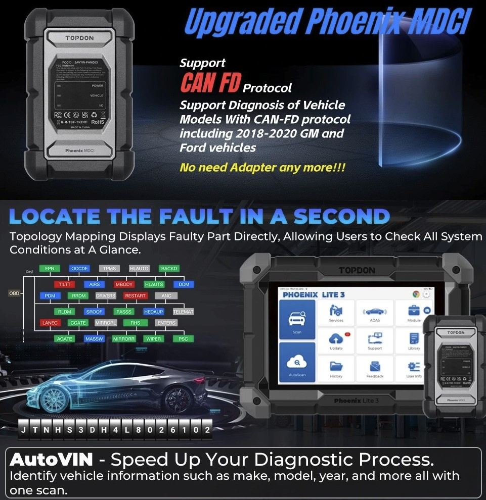 TOPDON Phoenix Lite 3 diagnosverktyg felkodsläsare OBD2 scan tool | 2024 | MDCI