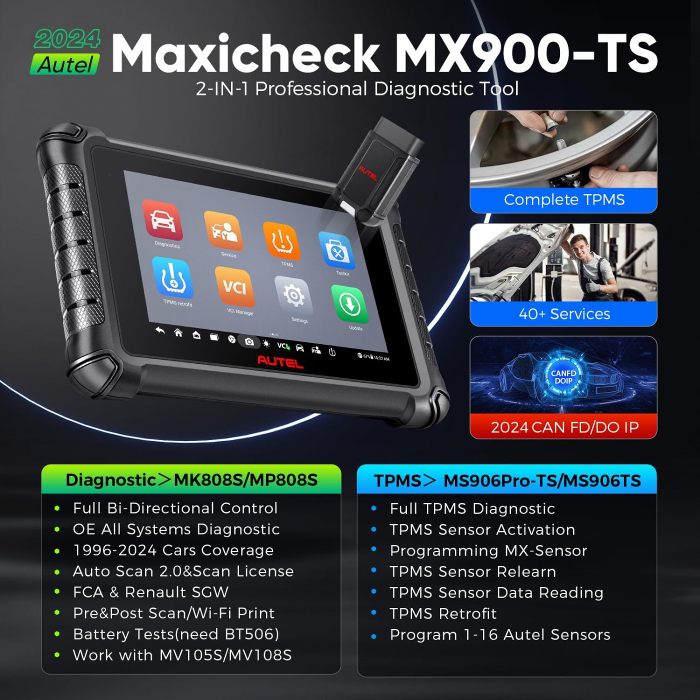Autel Maxicheck MX900TS Diagnos och TPMS verktyg 2 in 1 | DOIP | CAN FD | Felkodsläsning | Svenska | Uppgraderad version